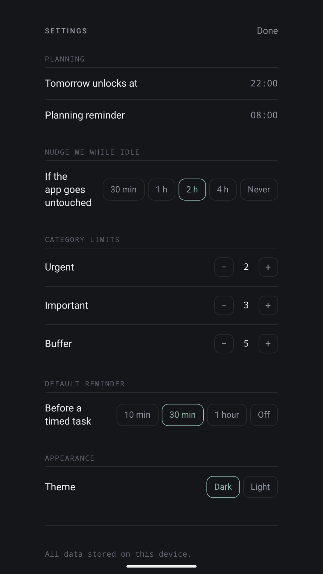 Kioday planning settings view