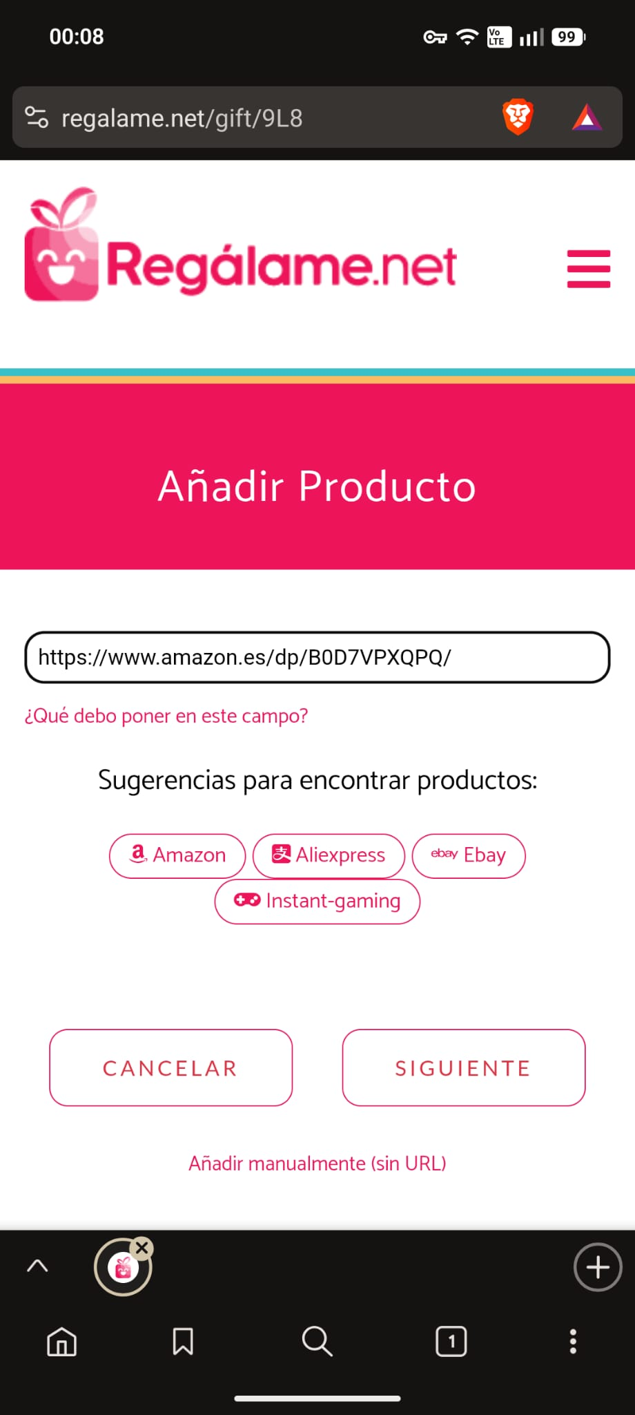 Adding a product URL in Regalame on mobile